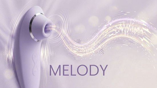 Lila luchtdruk vibrator met pulserende golven en de tekst 'MELODY'.