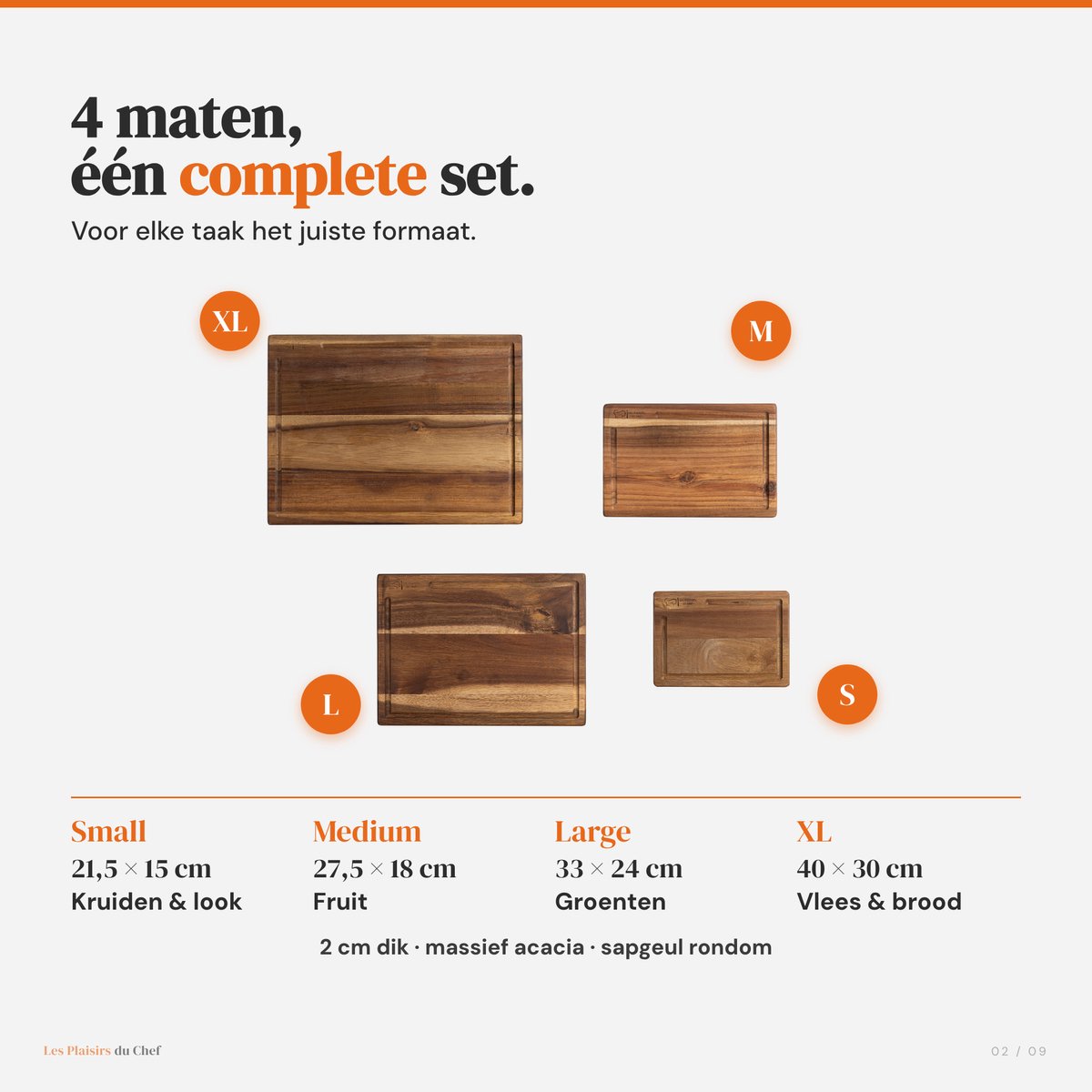 Snijplankenset Hout 4-delig met Houder — Acacia Snijplanken met Sapgeul — 2 cm Dik — Antibacterieel & PFAS-vrij — Borrelplank, Serveerplank, Tapasplank — XL/L/M/S (40x30 / 33x24 / 27,5x18 / 21,5x15 cm) — Les Plaisirs du Chef — cadeau in Kookcadeaus - foto 2