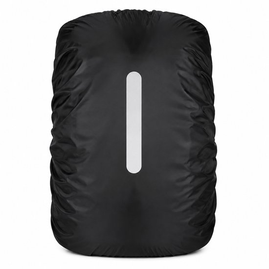 Housse de sac à dos noire avec bande réfléchissante verticale au centre.