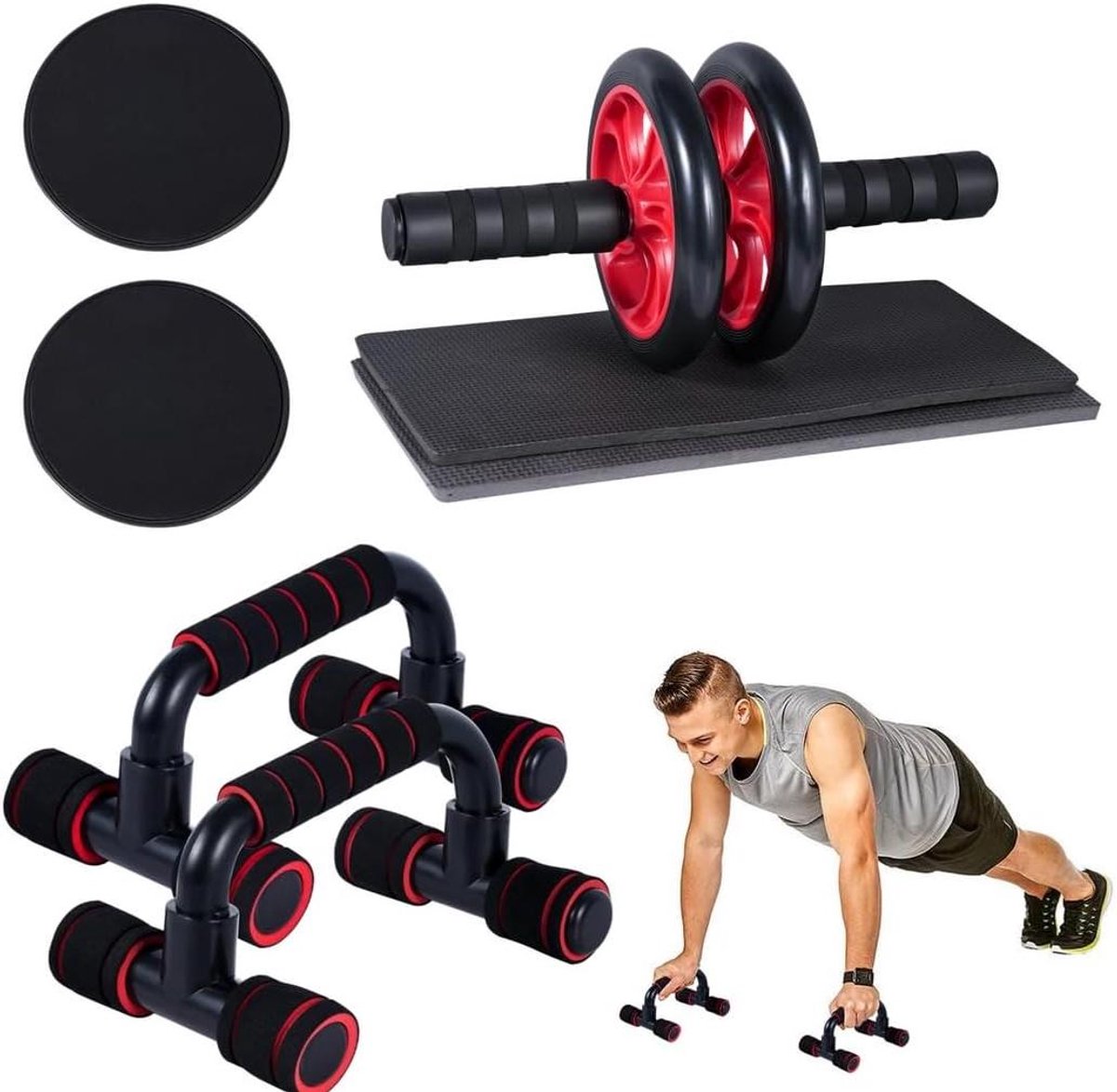 Buikspierroller Set - Core Trainer - Krachtige Training - 4-in-1 Kit - One Size - Zwart Rood