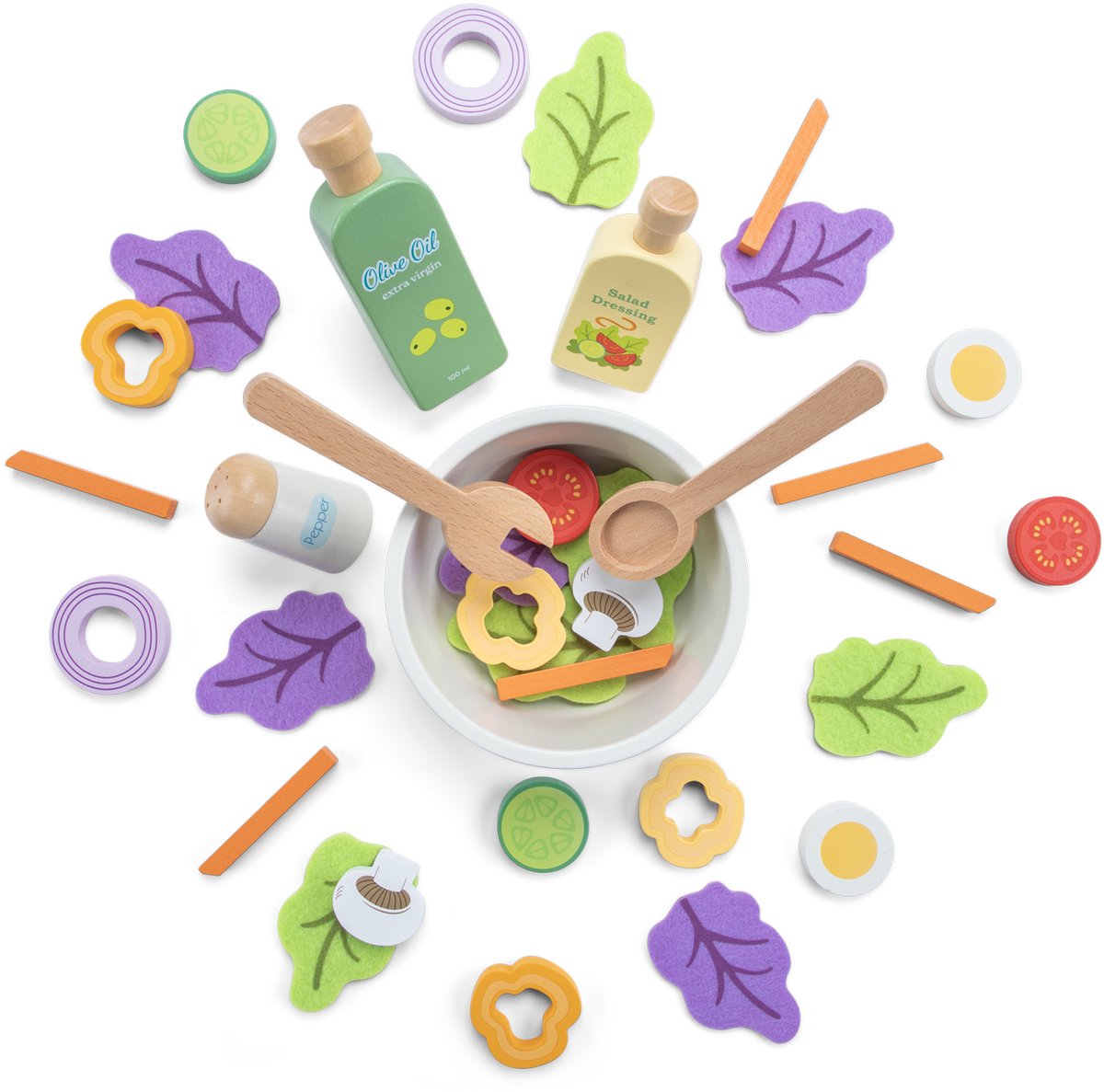 Woet® Houten Salade Set - "Maak Je Eigen Salade" Speelset met 30+ Accessoires - Rollenspel Speelgoedeten - Educatief Keukenspeelgoed - Vanaf 3 Jaar — afbeelding 2