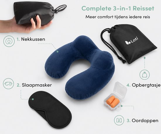 Een blauw nekkussen, zwart slaapmasker, oranje oordopjes en een zwart opbergtasje.