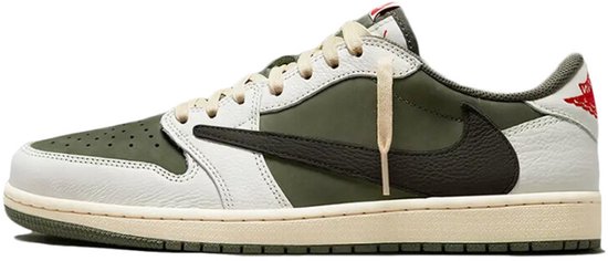 Luchtfoto van Jordan 1 Low Travis Scott sneakers in olijfgroen, wit en zwart met een beige zool.