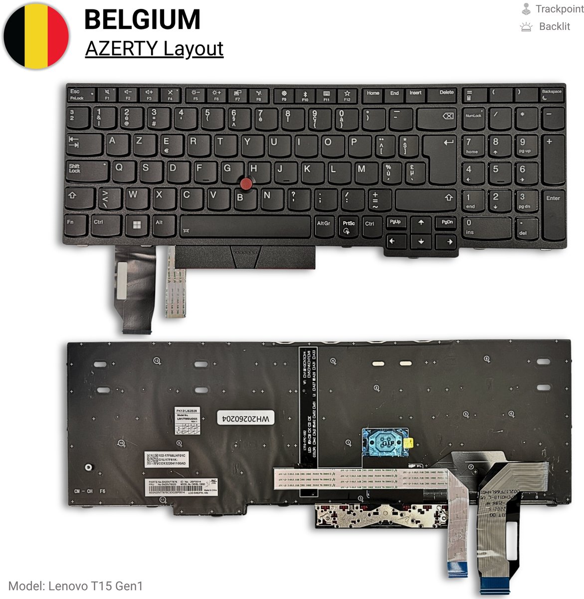 ZeLiT Vervangend Toetsenbord geschikt voor Lenovo ThinkPad T15 Gen 1 - BE AZERTY - OEM - Backlit - Pointer