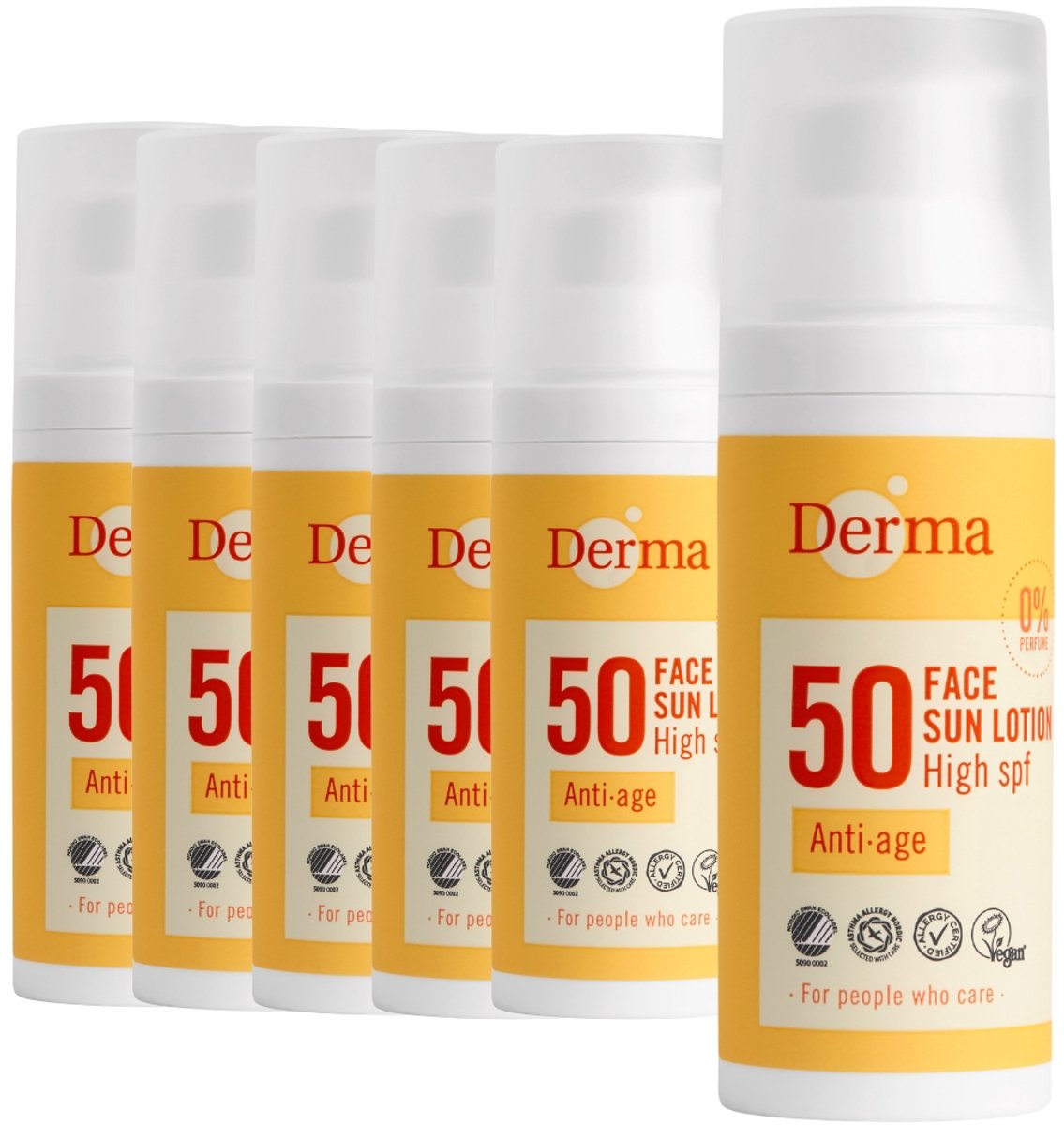 Derma Sun - Gezichtszonnecrème SPF50 - 6 x 50 ml - Waterbestendige Gezichtszonnebrand - Met Hyaluronzuur en Vitamine E - Parfumvrij - UVA en UVB Bescherming - Hypoallergeen
