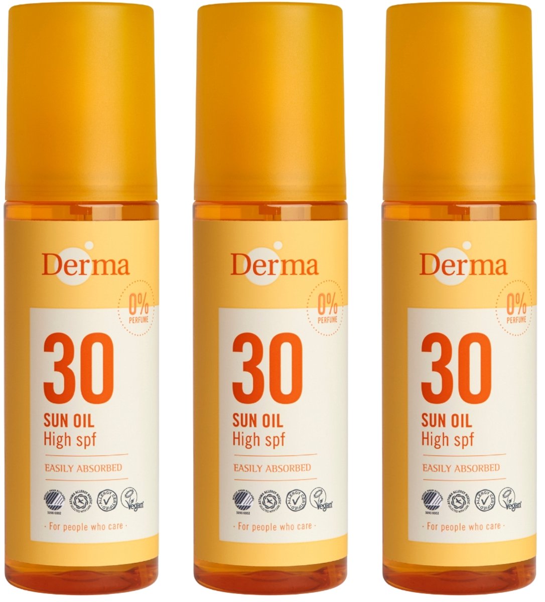 Derma Sun - Zonneolie SPF30 - 3 x 150 ml - Zonnebescherming in Olievorm - Met Vitamine E - Waterbestendig - Parfumvrij - AllergyCertified