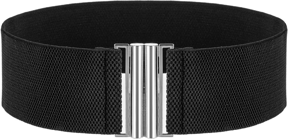 Brede Elastische Tailleband voor Dames, Rekbare Tailleband met Vintage Gesp, Verstelbare Tailleband in Zwart met Zilveren Accenten, One Size