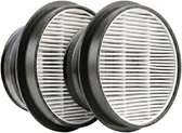 Twee ronde, witte HEPA-filters met zwarte rubberen randen, op een witte achtergrond.