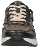 Vooraanzicht van de zwarte Gabor Rollingsoft sneaker met beige veters en bruine mesh textuur.