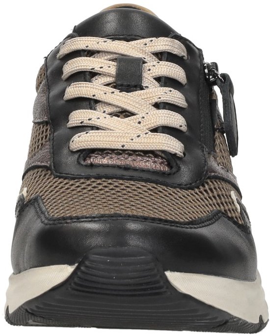 Vooraanzicht van de zwarte Gabor Rollingsoft sneaker met beige veters en bruine mesh textuur.