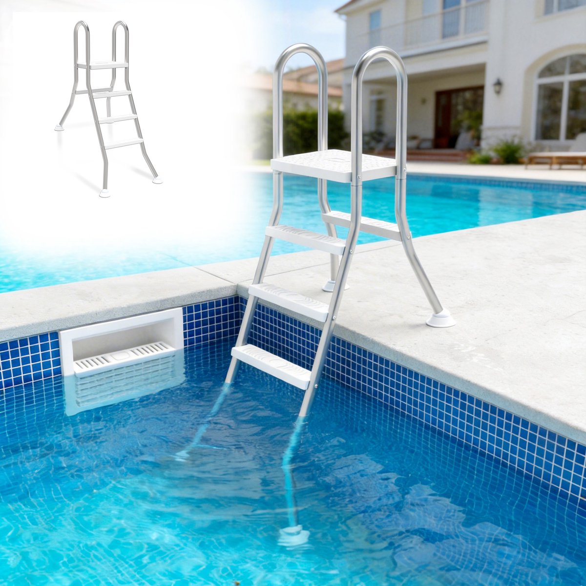 Aufun Opvouwbare RVS 304 Zwembadladder - Zilveren - 3 Treden - Vrijstaande Zwembadladder 150kg Draagvermogen - Antislip Veiligheidsladder