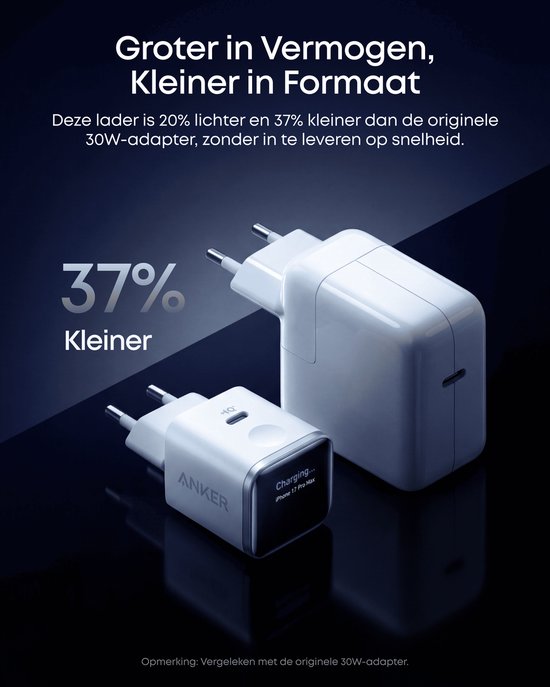 Twee witte Anker laders, één 45W, de ander groter. De 45W lader is 37% kleiner.