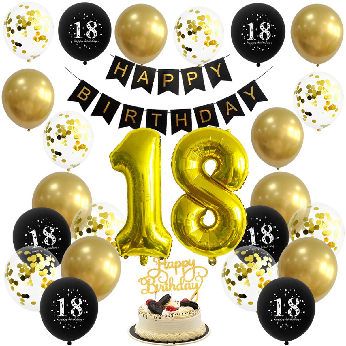 Verjaardag Versiering - 18 Jaar - Zwart Goud - 28 Stuks