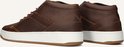 Zijkant en achterkant van bruine leren mid-top sneakers. Witte zolen met HUB-opschrift.