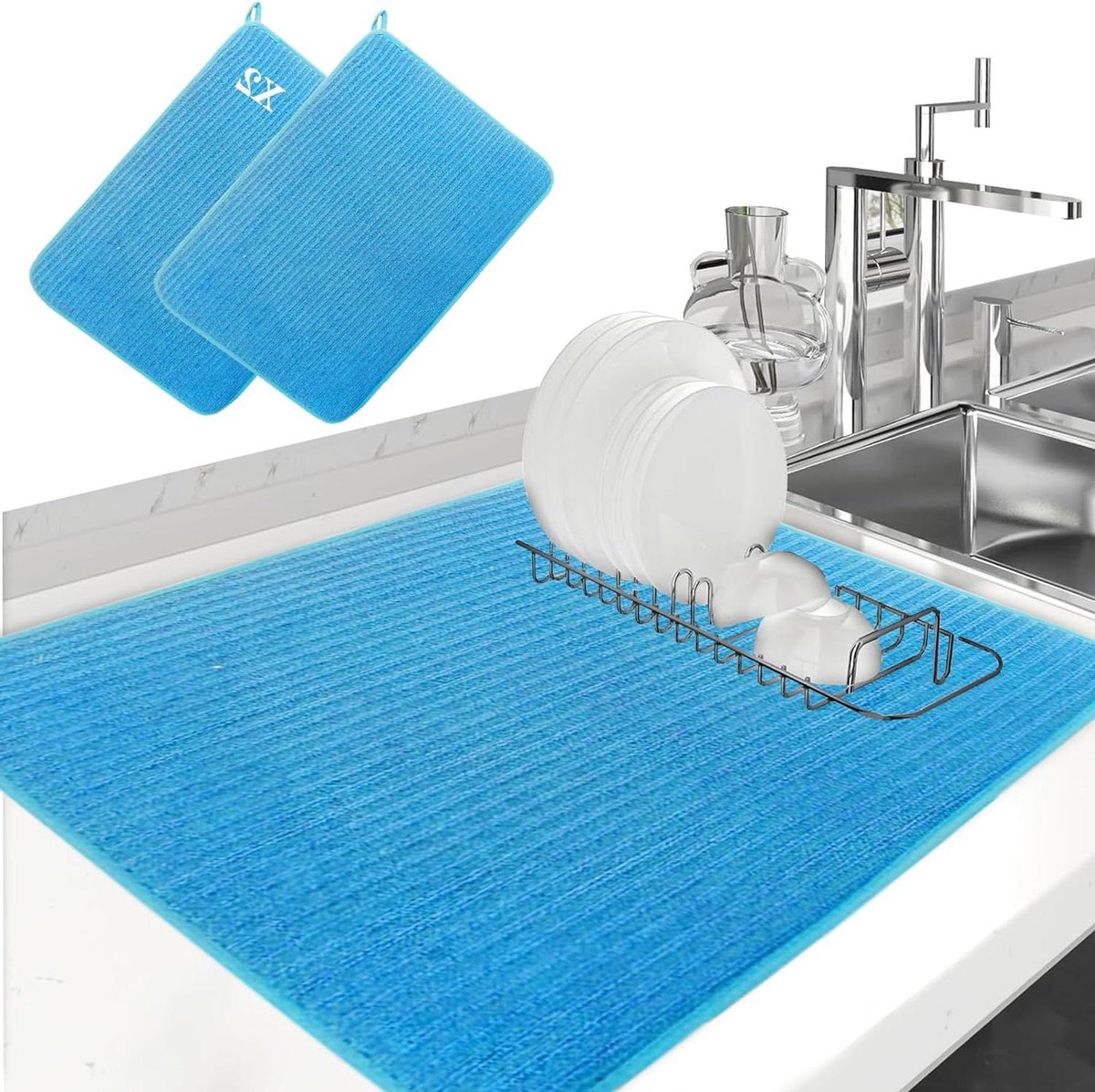 Afwasmat - Sponsmat Keuken - Drogen Tafelgerei - Zeer Absorberend - 38 x 50 cm - Blauw