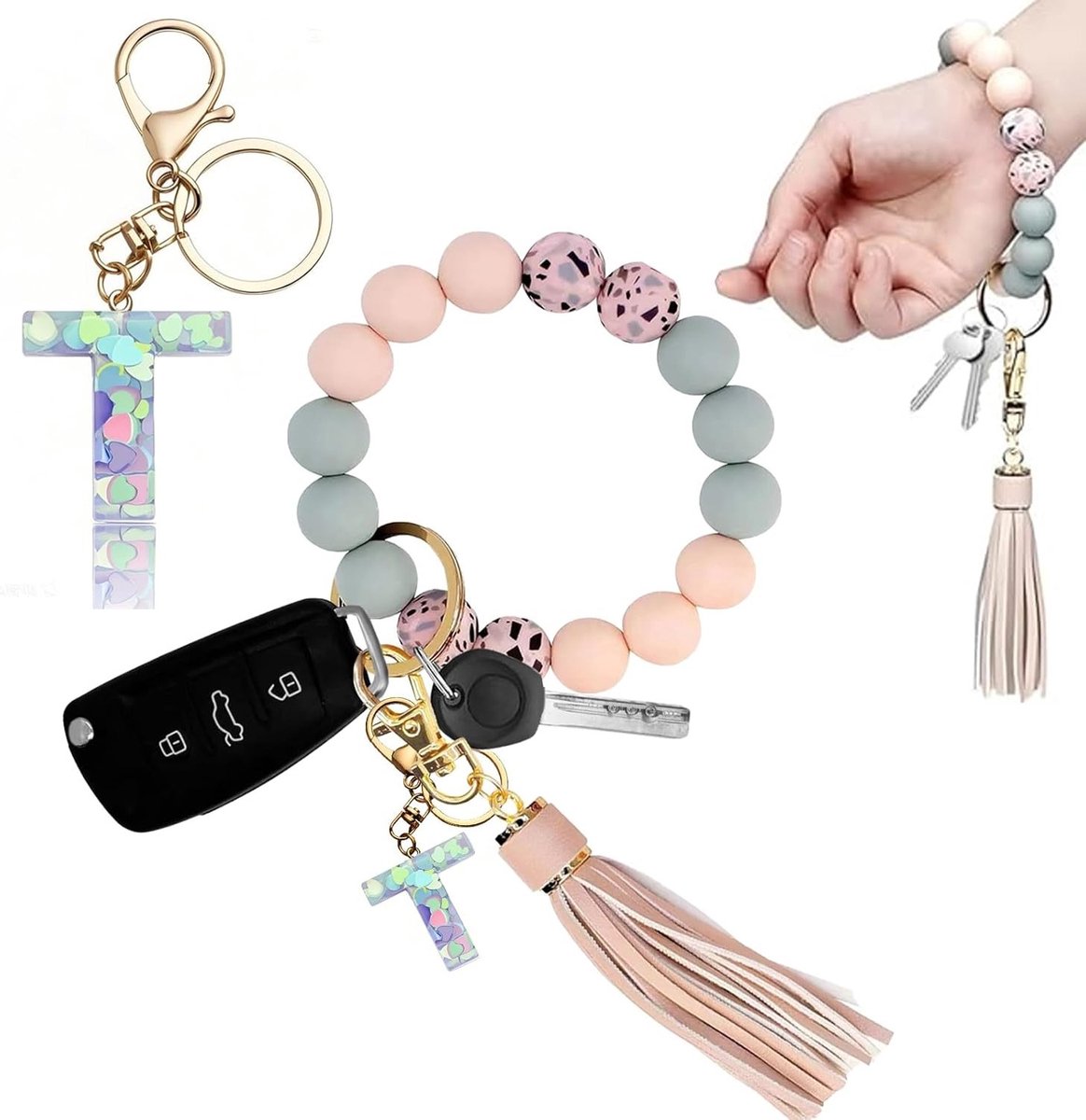 Persoonlijke Sleutelhanger met Initiaal voor Vrouwen - Siliconen Kralen Sleutelketting en Polsbandje voor Sleutels en Accessoires