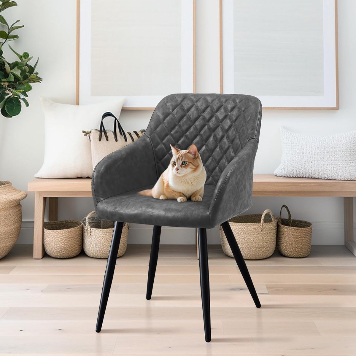 Luxe Graphite Grey Eetkamerstoel Set van 4 met Armleuningen, Kunstleer Bekleding, 52 x 55 x 83 cm, Ergonomisch Design, Metalen Poten