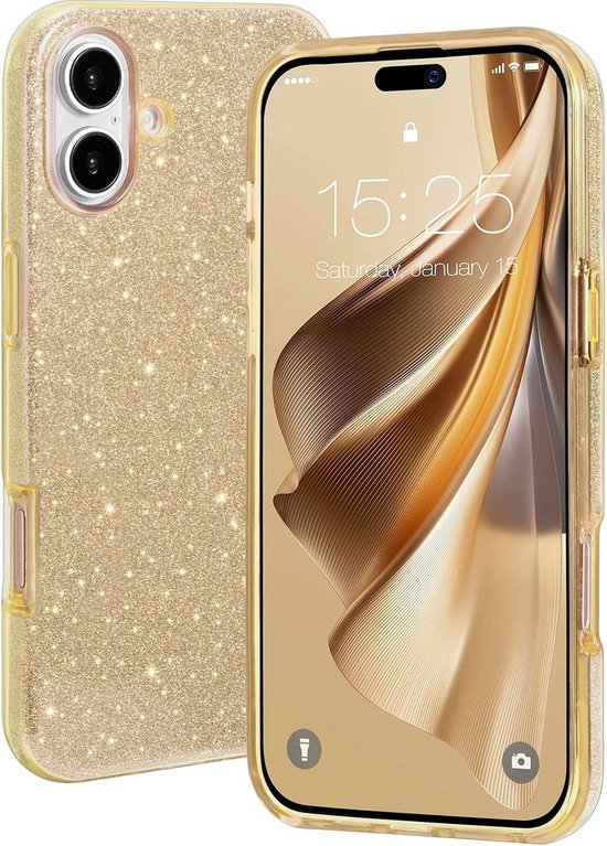 Coque de téléphone dorée à paillettes avec bords transparents, montrée avec et sans iPhone.