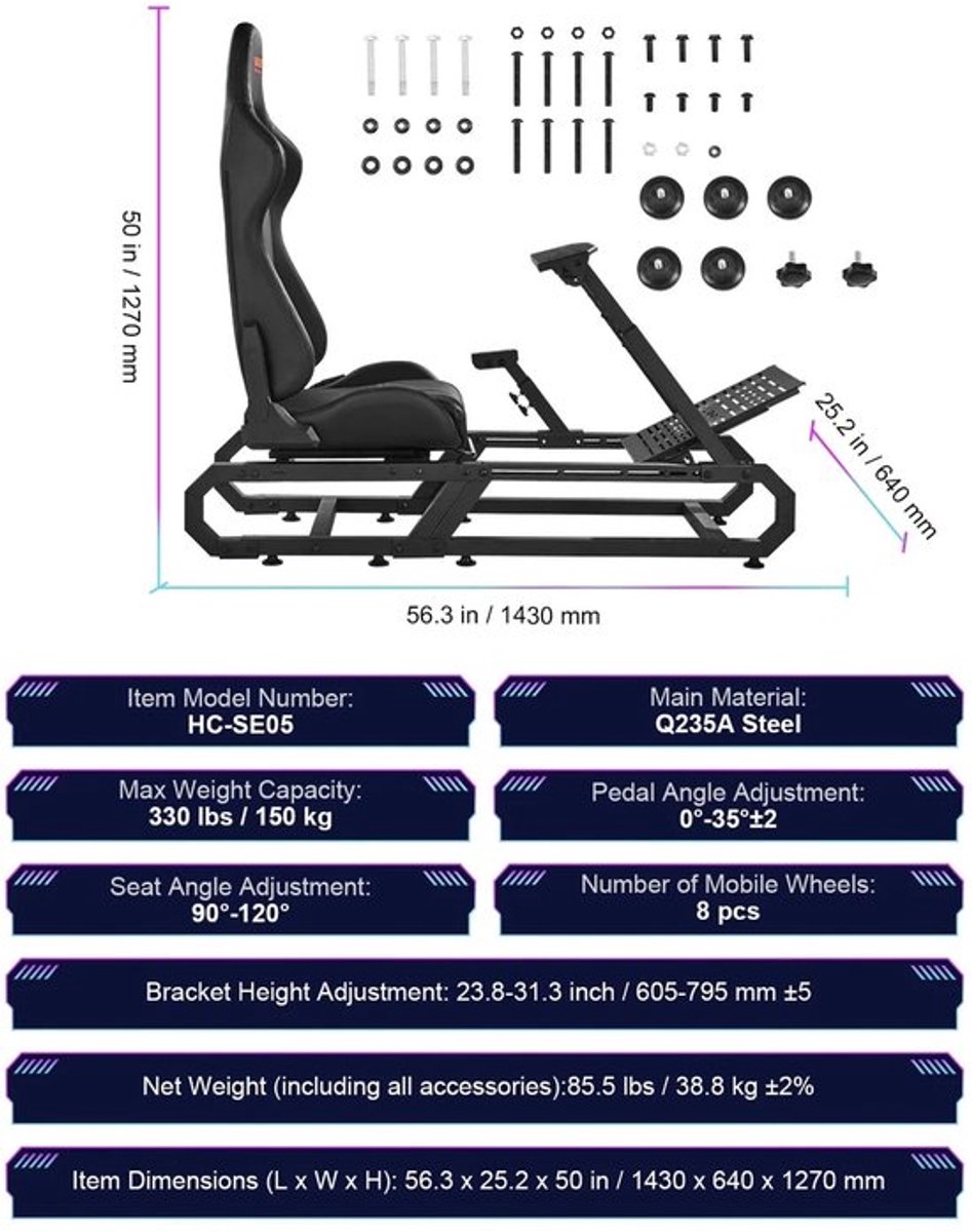 Racestoel - Cockpit Simulator - Volledig Verstelbaar - Met Beeldscherm Bevestiging - Bruikbaar met Racestoel - Stabiel Frame - Klein - 330 kg Draagkracht - Met Comfortabele Stoel