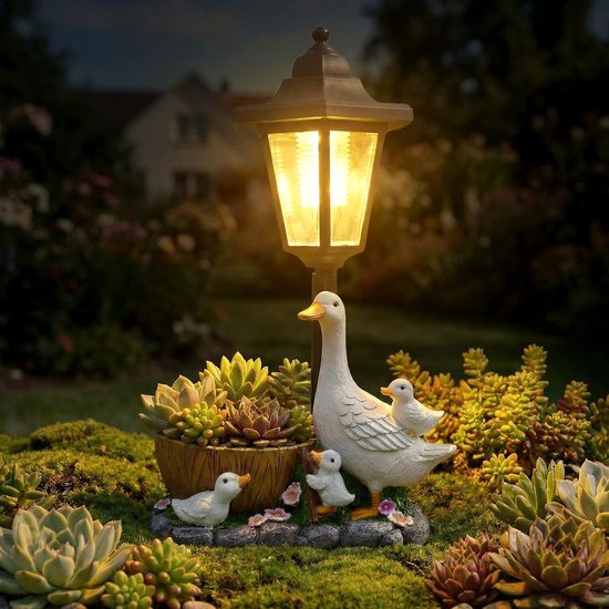 Verlichte zonne-lantaarn met witte eend, eendjes en succulente planten in een bloempot, in een tuin.