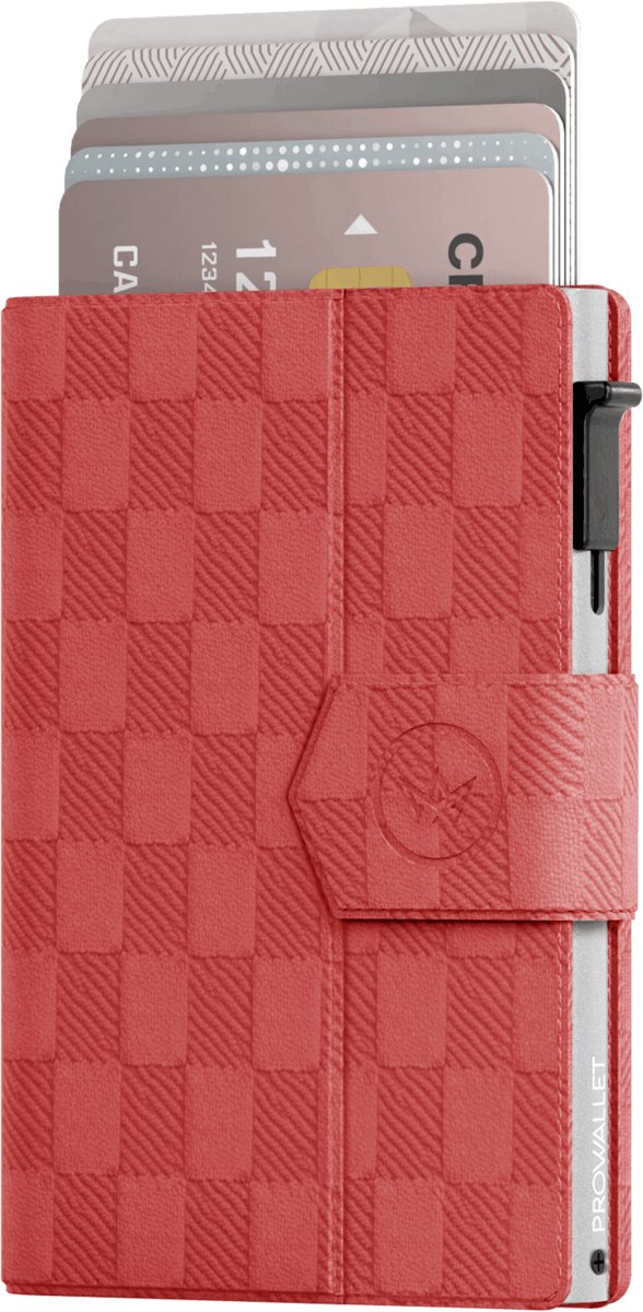 Prowallet Plus - Panel Rood - Pasjeshouder voor 8 pasjes, briefgeld en muntgeld - Uitschuifbaar - RFID Creditcardhouder - Kaarthouder Portemonnee, Premium Pashouder voor Mannen - Aluminium, Kunstleer - Incl. Luxe Cadeaubox