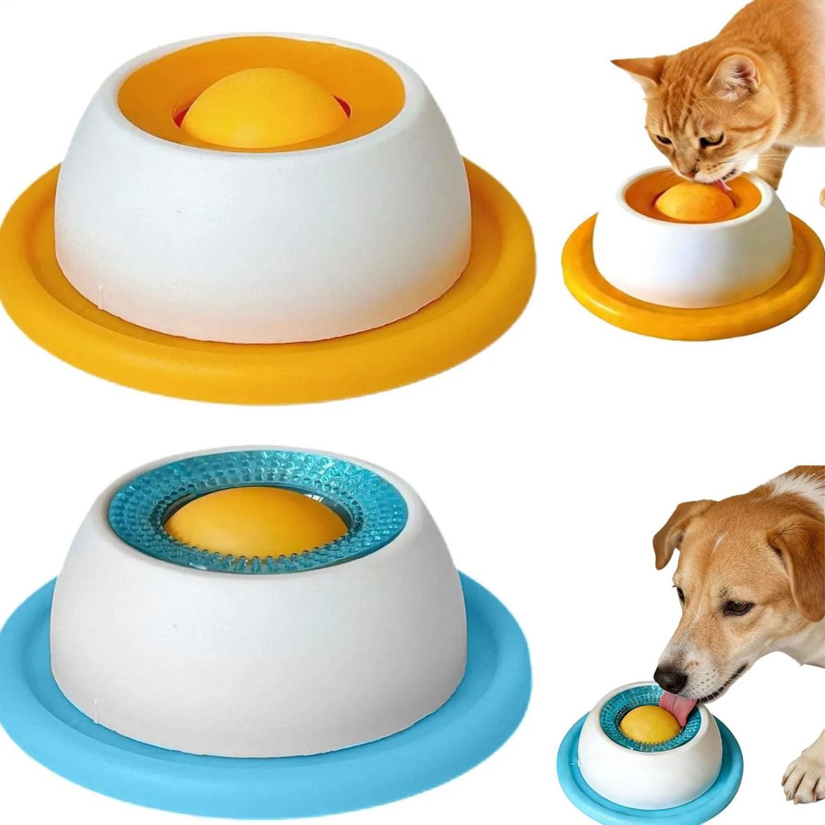 Anti-schrok Voerpuzzel Set – Blauwe Hondenbak & Gele Kattenbak – Trage Voeding voor Hond en Kat