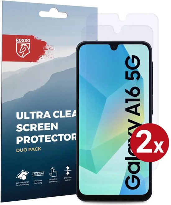 Verpakking en telefoon met "ULTRA CLEAR SCREEN PROTECTOR DUO PACK" en "Galaxy A16 5G".