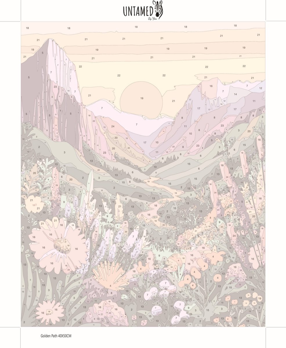 MET FRAME - Paint by numbers Volwassenen – schilderen op nummer – Creatieve hobby – Ontspanning thuis – Cadeau idee – Compleet pakket – DIY decoratie – Landschap – Zacht kleurenpalet – Golden Path Between Hills — afbeelding 5