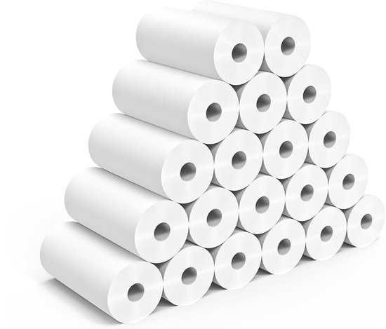 Een piramidevormige stapel van 20 witte, lege thermische printpapierrollen.