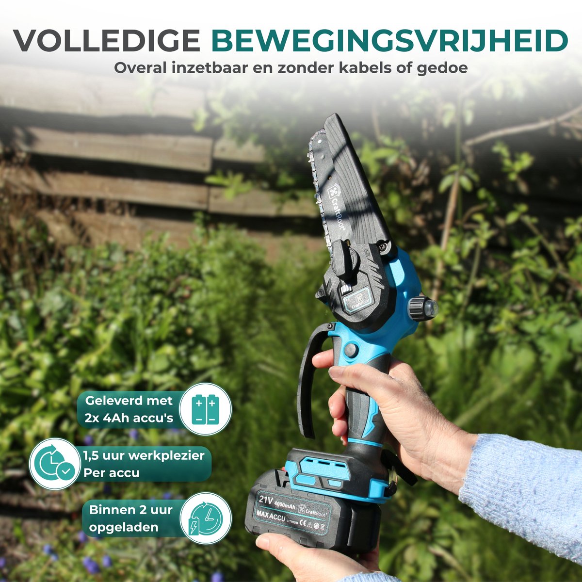CraftRoot Elektrische Mini Kettingzaag - Draadloze Compacte Kettingzaag met Automatische Kettingsmering - Handkettingzaag - Snoeizaag - Takkenzaag - 2x 4.0Ah Accu's - Opberg Koffer - Brushless – foto 3