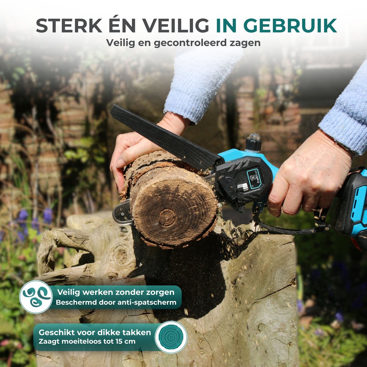 CraftRoot Elektrische Mini Kettingzaag - Draadloze Compacte Kettingzaag met Automatische Kettingsmering - Handkettingzaag - Snoeizaag - Takkenzaag - 2x 4.0Ah Accu's - Opberg Koffer - Brushless – foto 5