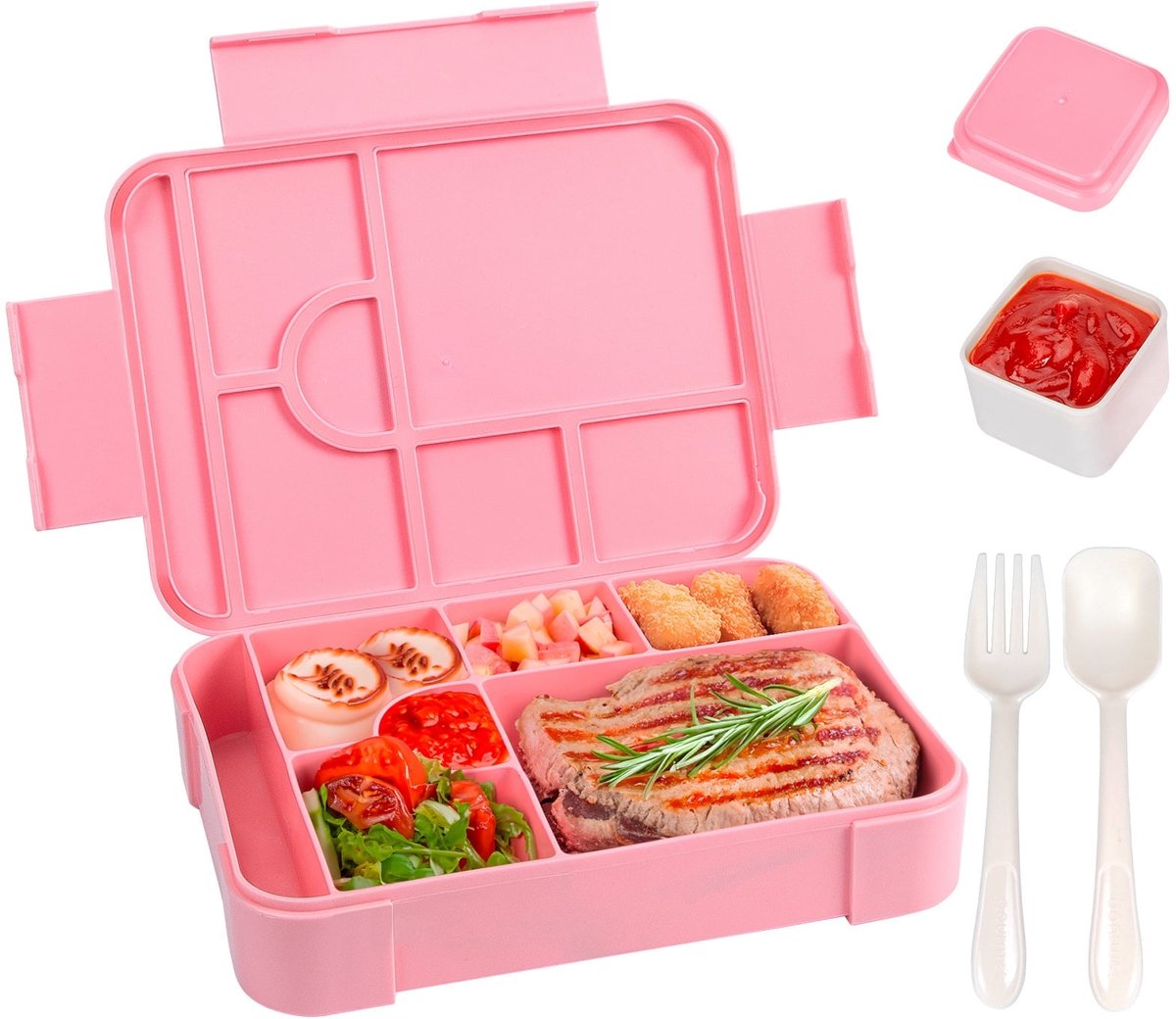 Bento Box - Draagbare plastic maaltijdcontainer met aparte vakjes - Roze