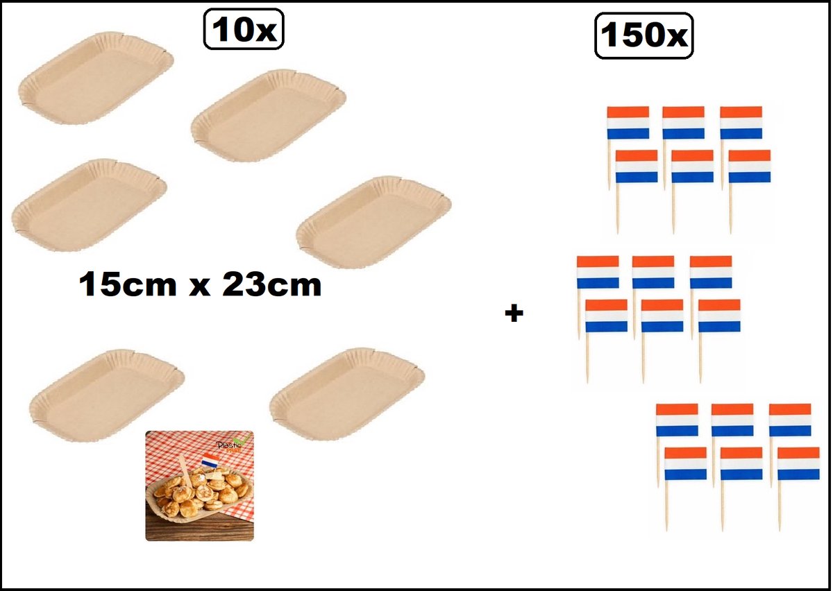 10x Kartonnen schaaltje 23cm x 15cm bruin vetwerend + 150x Cocktail prikkers Nederlandse vlag - Hapjes snacks festival thema feest kaas snack vette hap vis beleg