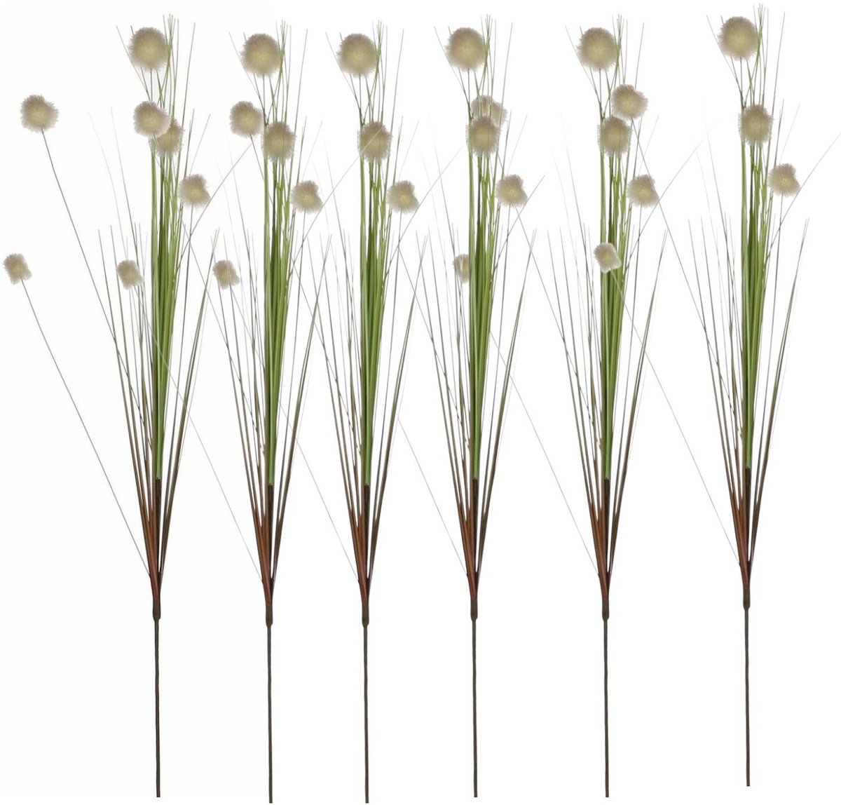 Mica Decorations 6x - Rietgras kunstplant losse steel - tak - groen/pluis bollen - wit - 84 cm Khaki groen