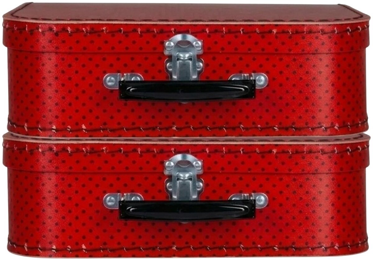 Kinderkamer opberkoffer polkadot - 2x - rood / zwart - 35 cm - karton - kinderkoffer - speelkoffer