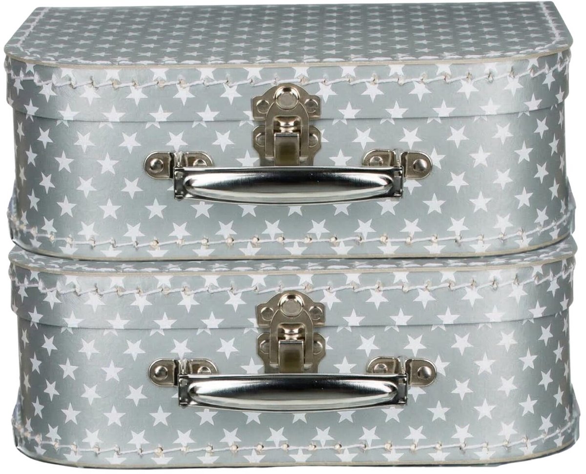 Kinderkamer opberkoffer sterren - 2x - zilver - 25 cm - karton - kinderkoffer - speelkoffer