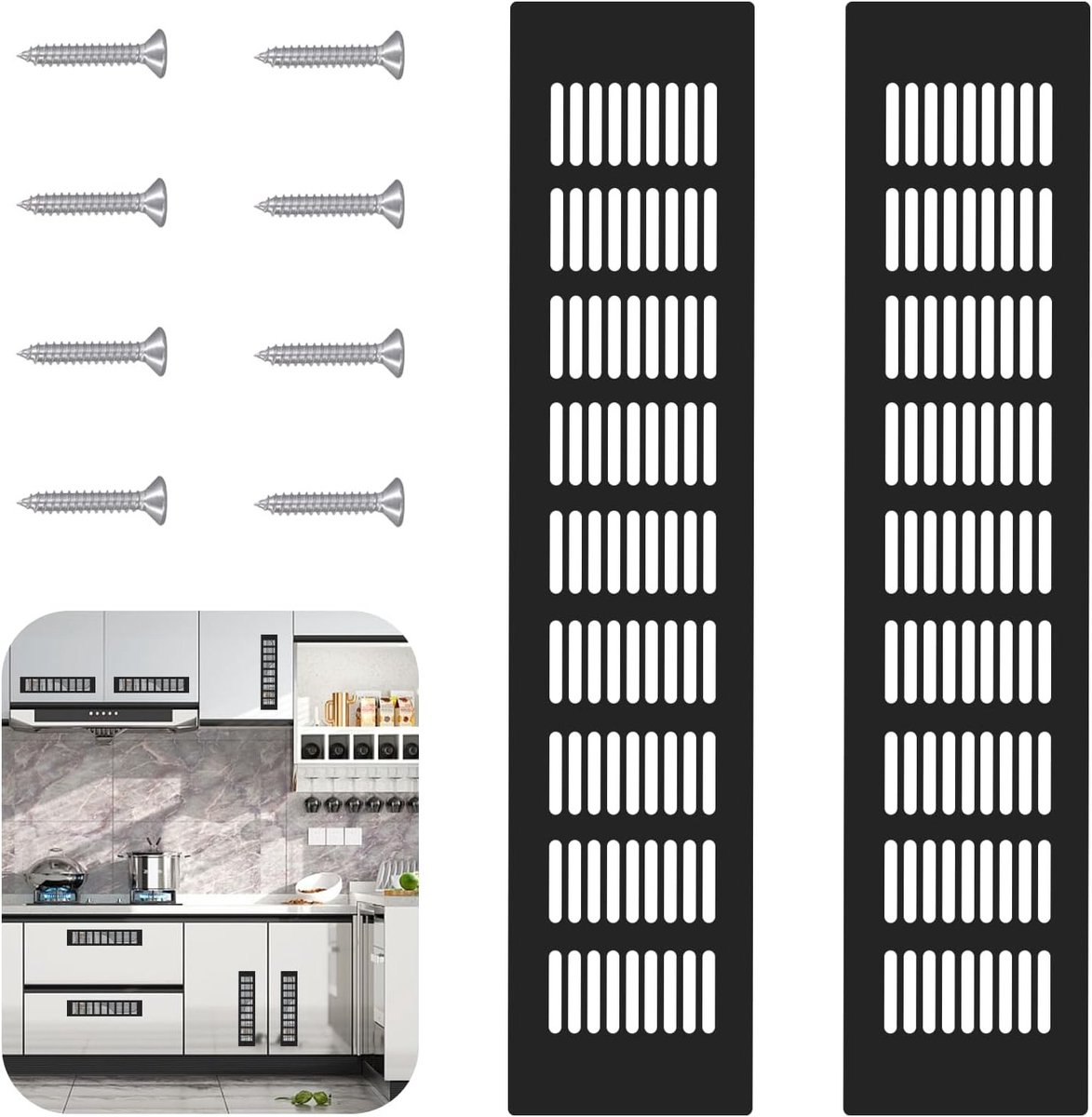 Set van 2 Zwarte Ventilatieroosters 80 x 400 mm Aluminium voor Kasten en Slaapkamers met S