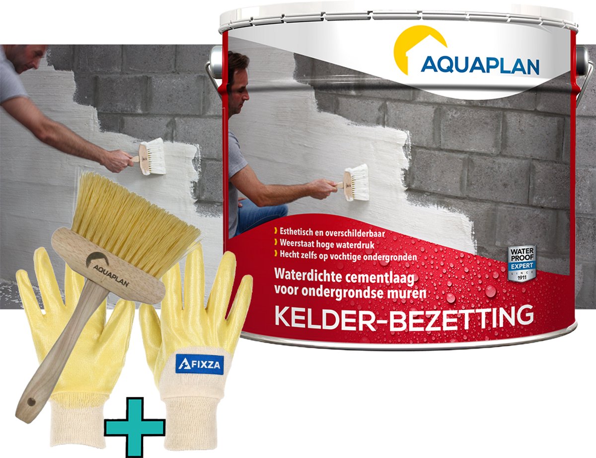 Aquaplan Kelder-Bezetting – set – Waterdichte Cementcoating voor Keldermuren – Bestand tegen Waterdruk – Voor Vochtige Ondergronden 10 kg