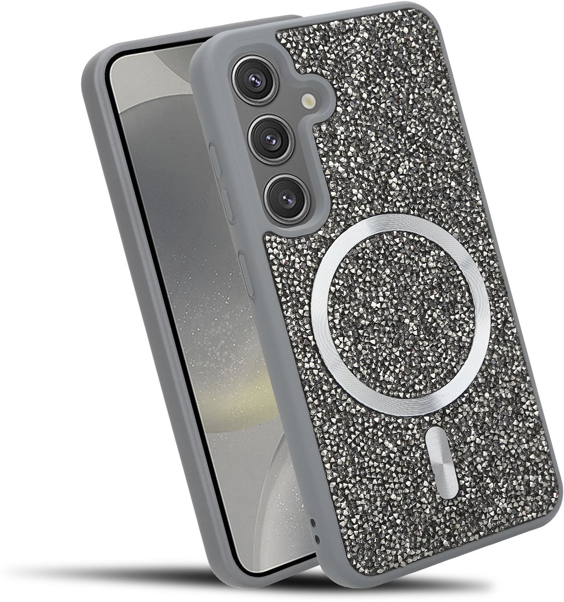 Hoesje geschikt voor Samsung Galaxy S24 in Grijs Diamant Glitter Stijl