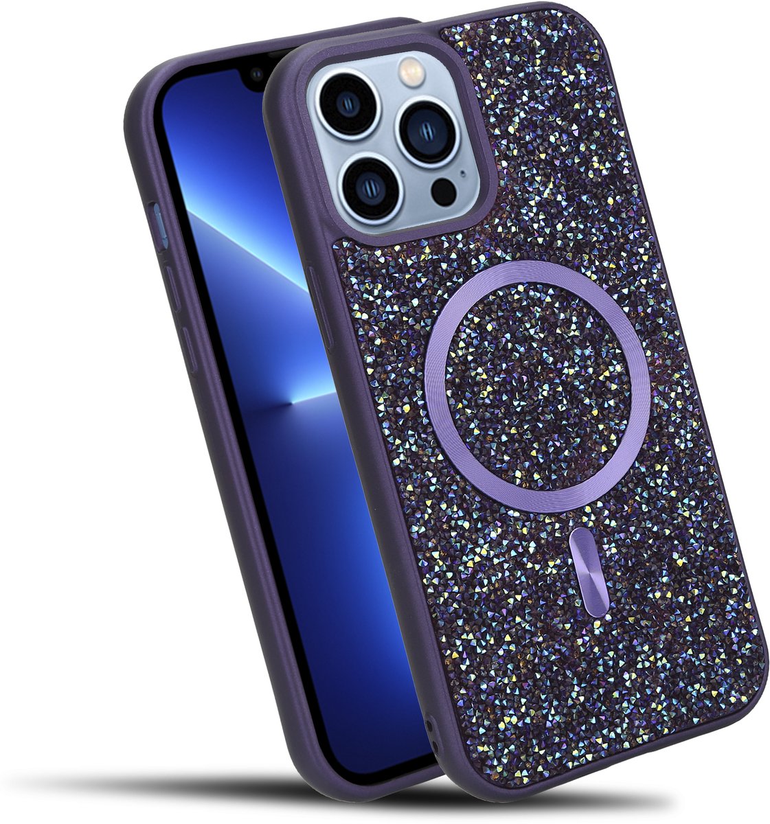 Hoesje geschikt voor iPhone 13 PRO MAX in Paars Diamant Glitter Stijl