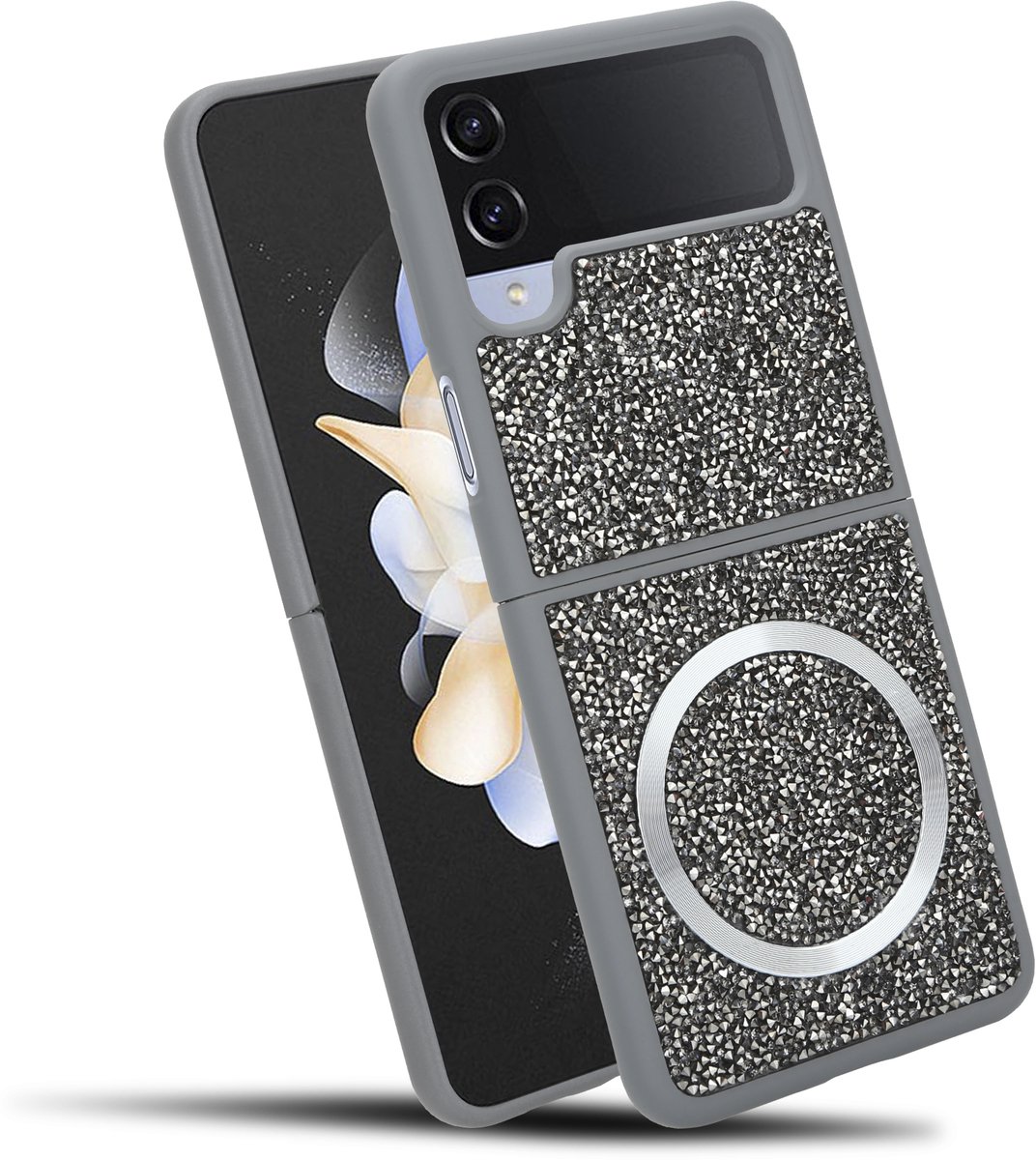 Hoesje geschikt voor Samsung Galaxy Z FLIP 4 in Grijs Diamant Glitter Stijl
