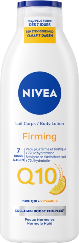 Witte fles NIVEA Firming Body Lotion met blauw NIVEA logo en sinaasappel. 250ml.