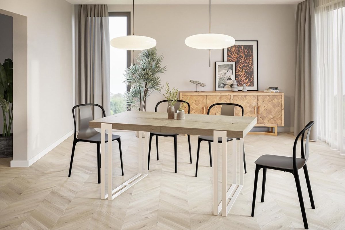 RosaFlex Luxe Uitschuifbare Eettafel 160–260 x 90 x 77 cm Rechthoekig – Halifax Lichtbruin met Witte Metalen Poten