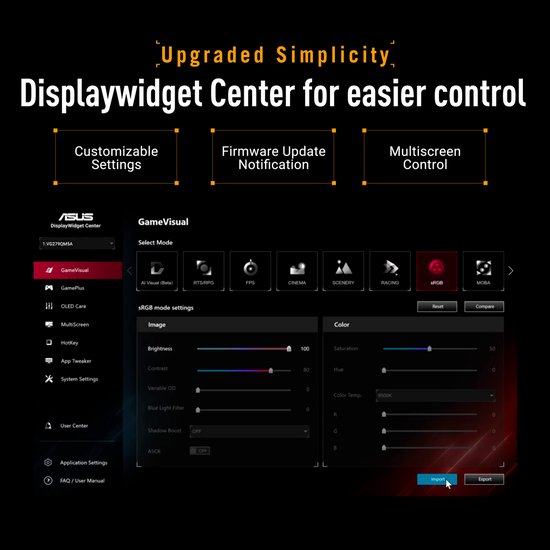 Screenshot van de ASUS DisplayWidget Center software met aanpassingsopties voor de monitor.