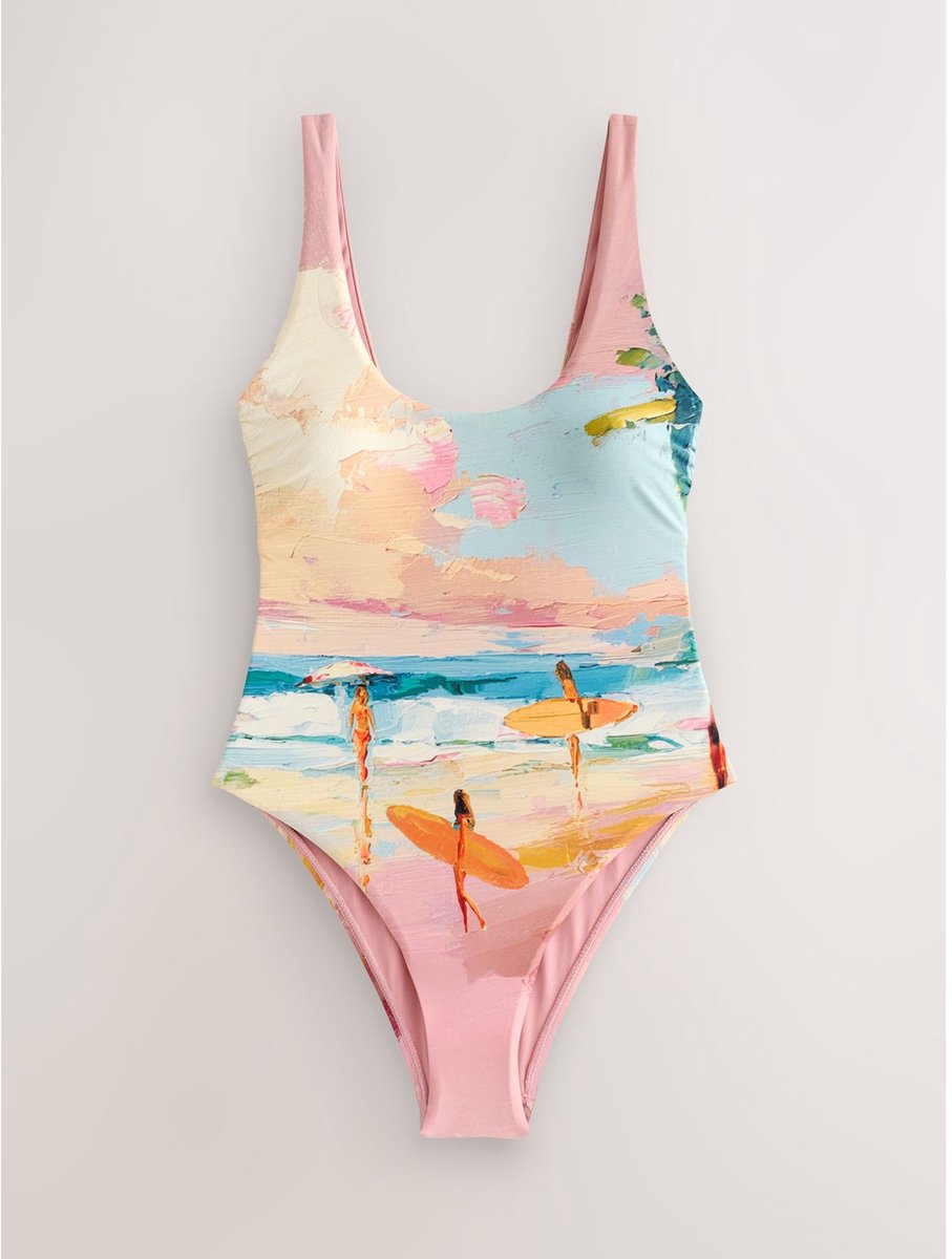 Next Dames - Badpak met laag uitgesneden hals - Blauw Surfer Scenic Print