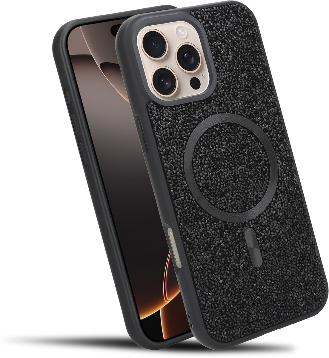 Hoesje geschikt voor iPhone 16 PRO in Zwart Diamant Glitter Stijl