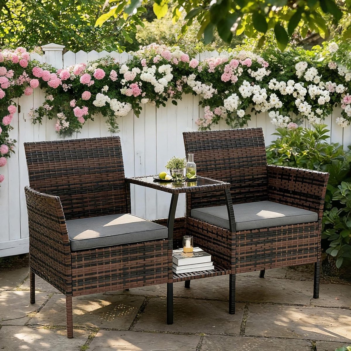 Luxe Rattan Tuinbank 2 Personen met Geïntegreerde Tafel & Opbergruimte – Polyrattan Balkonbank met Kussens, Weerbestendige Outdoor Loungeset voor Tuin-Mobili Bella