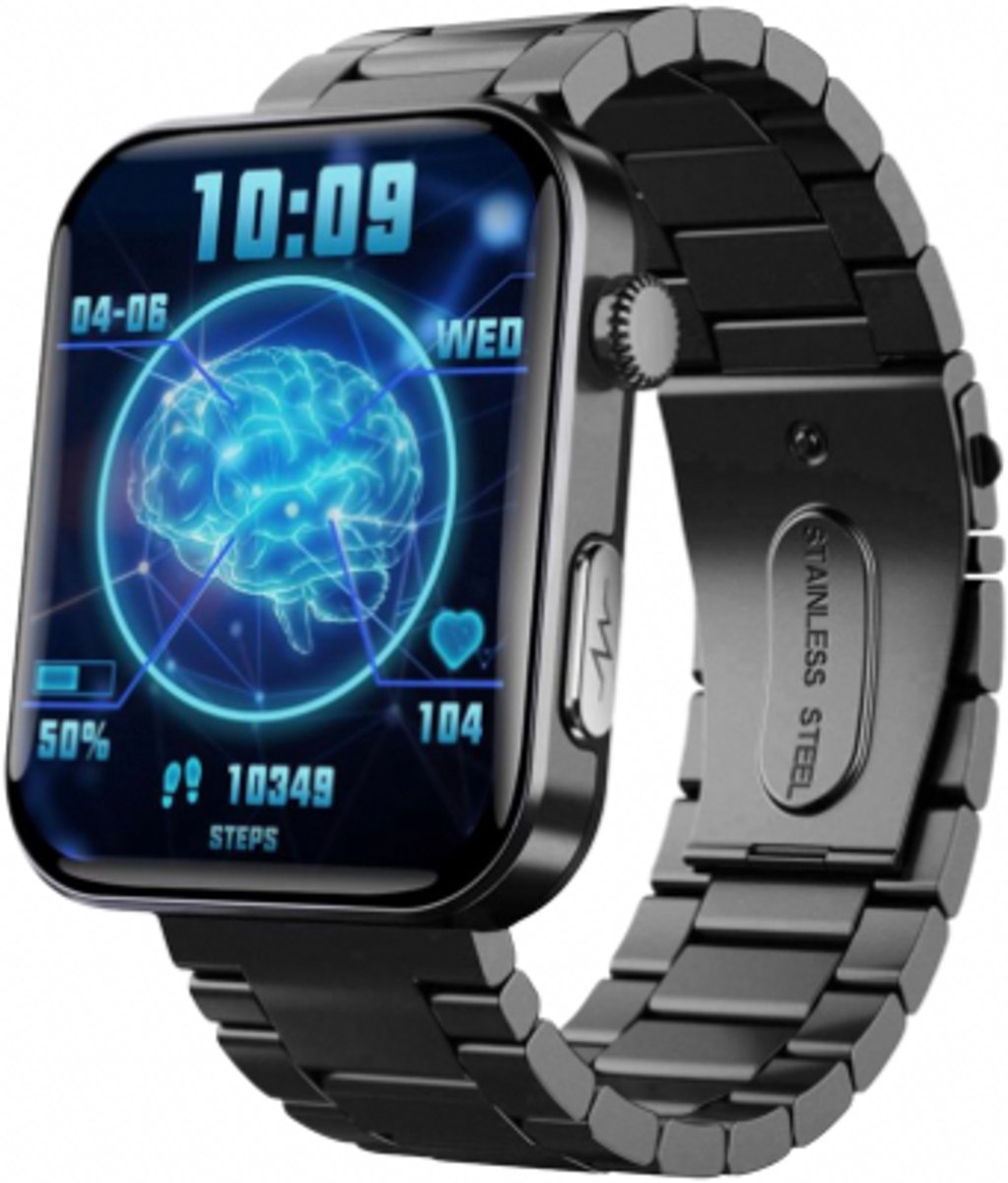DrPhone ChronaX2 Smartwatch – ECG, HRV, Bloedsuiker, Lichaamssamenstelling, Urinezuur, Bloeddruk & Zuurstof – 2.1” HD IPS Display – 52+ Sportmodi – Bluetooth Bellen – Muziekbediening – SOS Noodfunctie – IP67 Waterdicht - Zwart