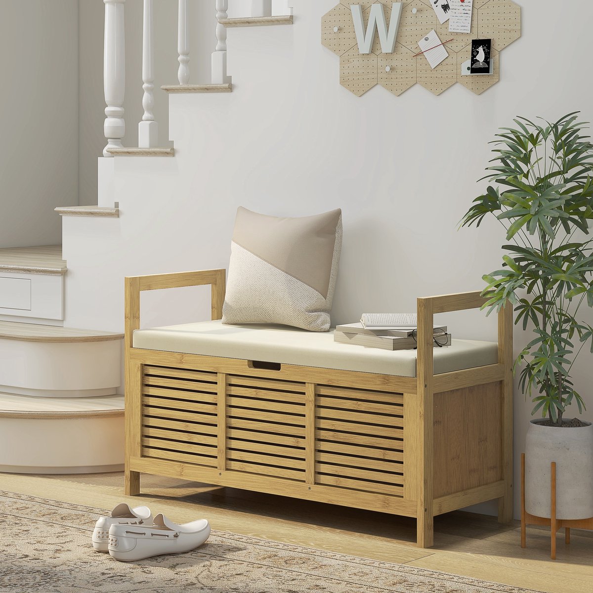 REDOM - Schoenenbank - Met Klepdeksel En Schoenenrek - Hal - Bamboe - Natuurlijke Houtkleur - 100 X 40 X 60 Cm