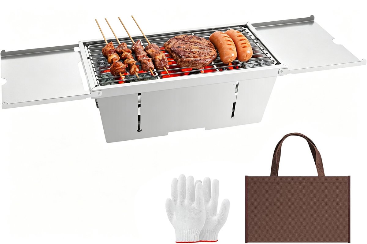 Uten Tafel BBQ Houtskool - Camping BBQ - Opvouwbare en Draagbare Barbeque - Barbecue met Losse Vuurschaal en Grillrooster - Grilloppervlak (L x B) 37.5 x21.5 cm - RVS